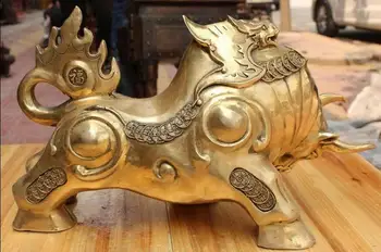 

15" Chinese Bronze Wealth Money Dragon Stronger Bull Oxen Ox Animal Sculpture