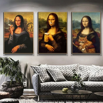 

Leonardo da Vinci oil painting Mona Lisa canvas painting beer smoking and fat cat decorative paintingwall art prints poster