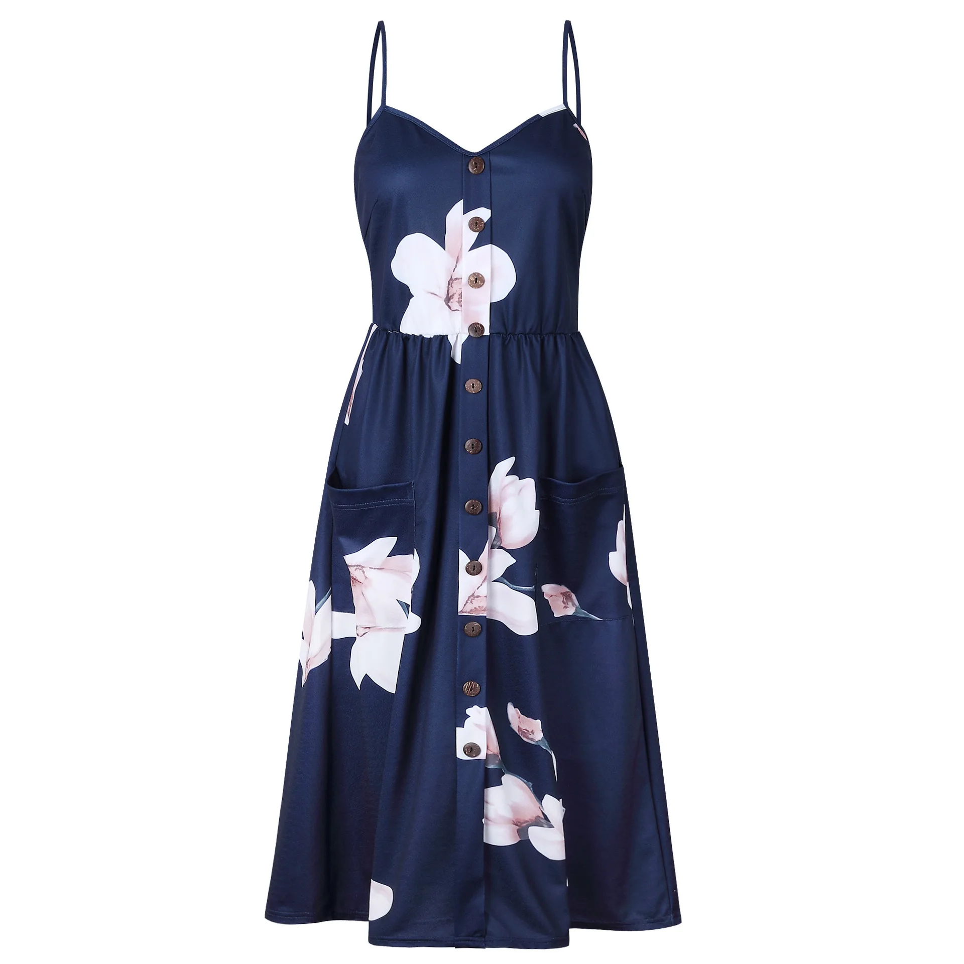 Lossky/повседневное элегантное платье миди на бретелях, сексуальное женское летнее платье без рукавов с карманами на пуговицах, женское пляжное платье размера плюс, Vestidos - Цвет: 0860 Dark blue