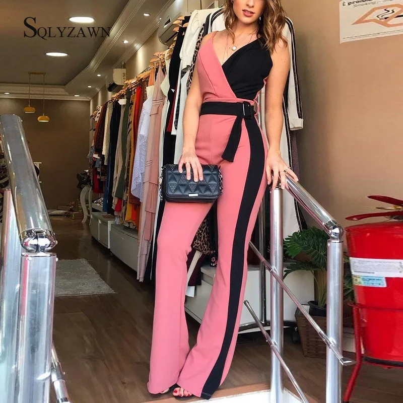 

Elegant Rompers Women Summer Casual Color Block Jumpsuits Spaghetti Strap Sexy V Neck Belted Jumpsuit Overalls Streetwear 2019