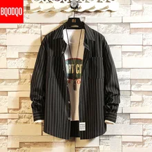 BQODQO Черная Мужская модная полосатая рубашка с длинным рукавом в Корейском стиле с отворотом, Свободная Повседневная рубашка, Мужская Уличная одежда, топ размера плюс