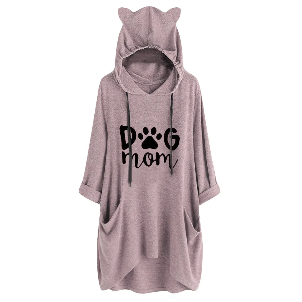 

2019 Women Casual Hoodies Print Cat Ear Hooded Long Sleeves Roll Up Sleeve Pockets Irregular Top Blouse Shirts Feminine Oversize