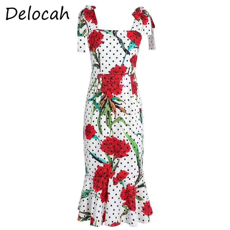 

Delocah Women Summer Fashion RunwayÂ Mermaid Dress Sexy Spaghetti Strap Bow Dot Floral Print Bodycon Fit Midi Dresses vestidos