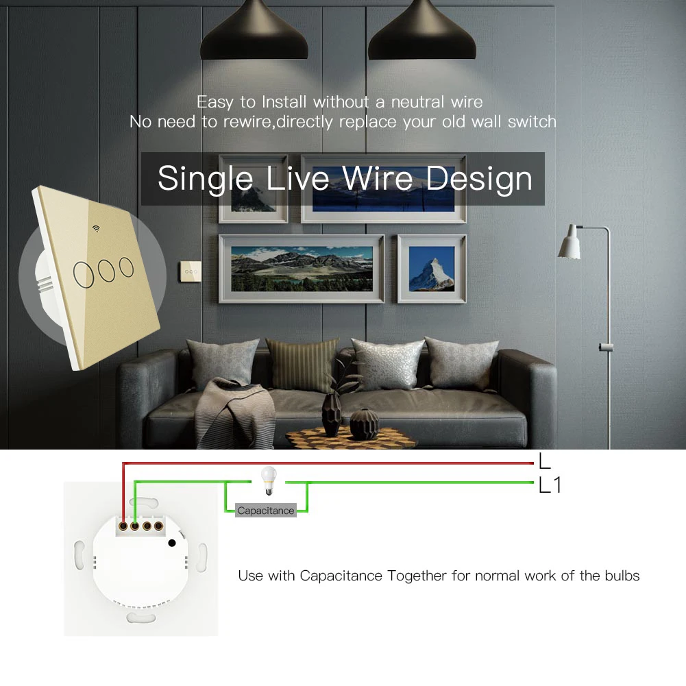 WiFi Smart Wall Switch No Neutral Wire Needed Wireless Smart Life Tuya Remote Control Single Fire Work With Alexa RF433 Gold