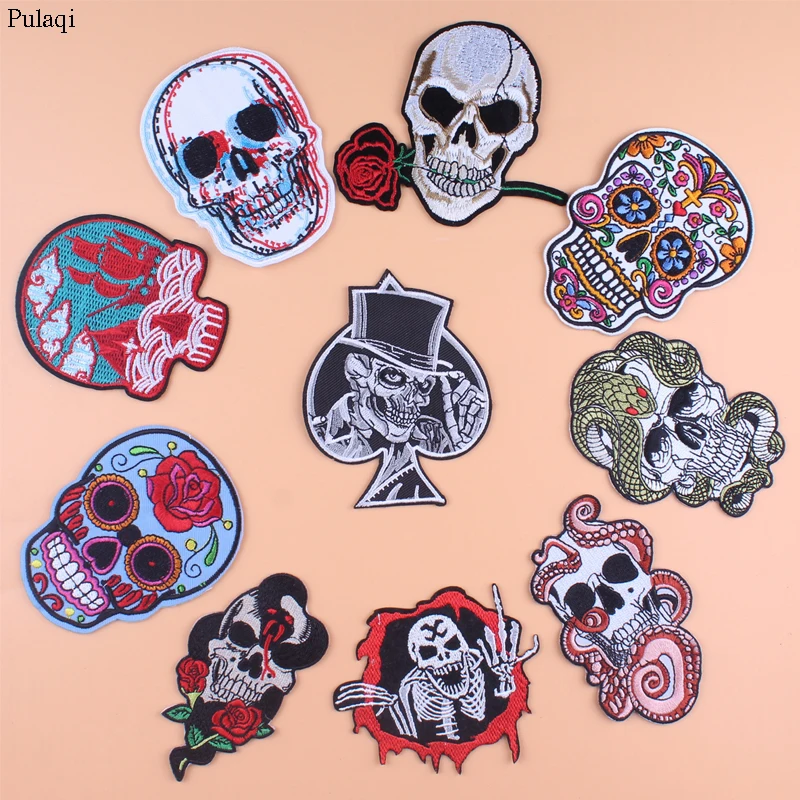 

Pulaqi Punk Skull Patch Flower Stripes Embroidered Iron On Patches For Clothing Grim Reaper Patch Appliques Stickers For Clothes