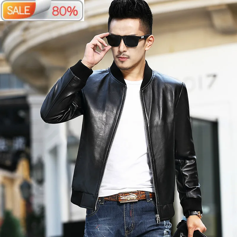

AYUSNUE Men's Short Genuine Sheepskin Leather Coat for Men Spring Autumn Bomber Jacket Veste Cuir Homme L16009