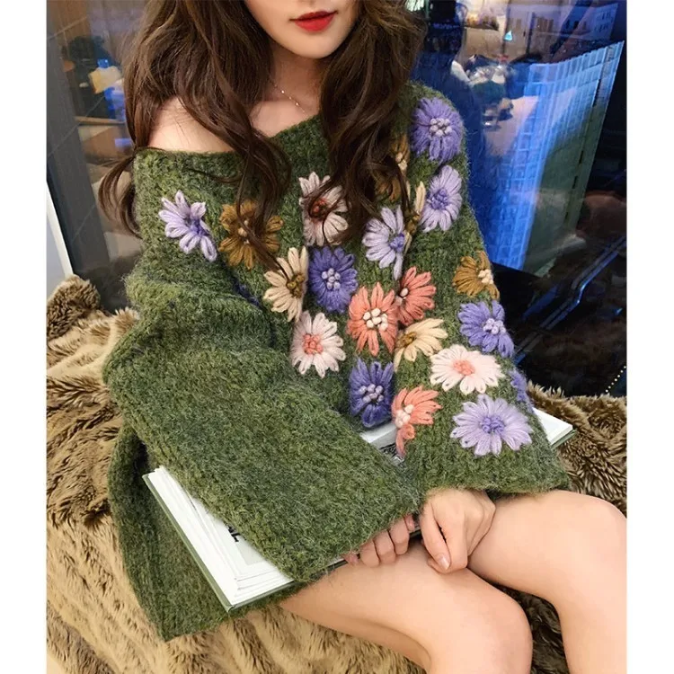  Women Army Green Oversized Sweater Fashion Round Neck Floral Embroidery Lazy Loose Mohair Sweater K
