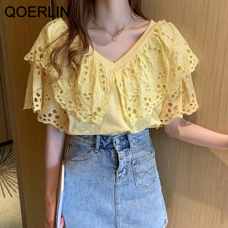 QOERLIN Ruffles Hollow Out Tops  Japan 2021 Summer New Korean V-neck Lace Tops Girls Short Sleeve T-shirt Women's Top