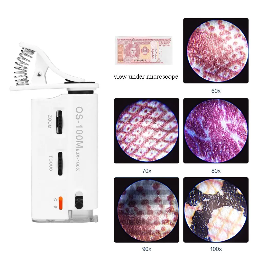 Cold-warm Light LED Cell Phone Microscope Universal Clip-type Microscope Magnifier LED/UV Lamp 60-100X Magnifiers