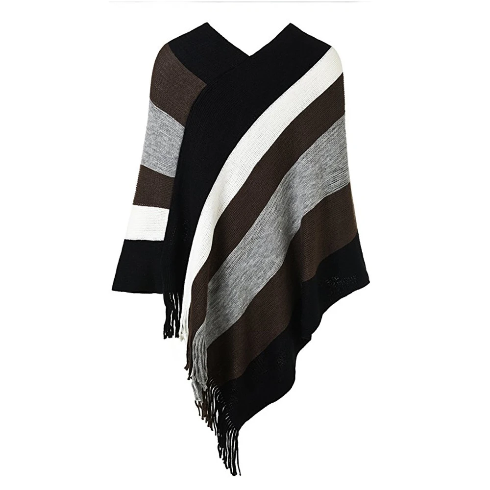 

Womenâ€™s Elegant Knitted Poncho Top Plus Size with Stripe Patterns and Fringed Sides