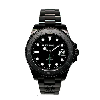 

Parnis 40mm black dial luminous marks ceramic bezel pvd coated case GMT function automatic mechanical movement men's watch