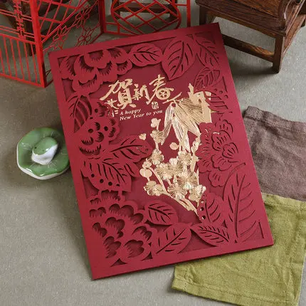 Китайская мышь год поздравительная открытка искусство винтажная Лазерная огранка золота с тиснением Новогодняя открытка - Цвет: RED-B2004