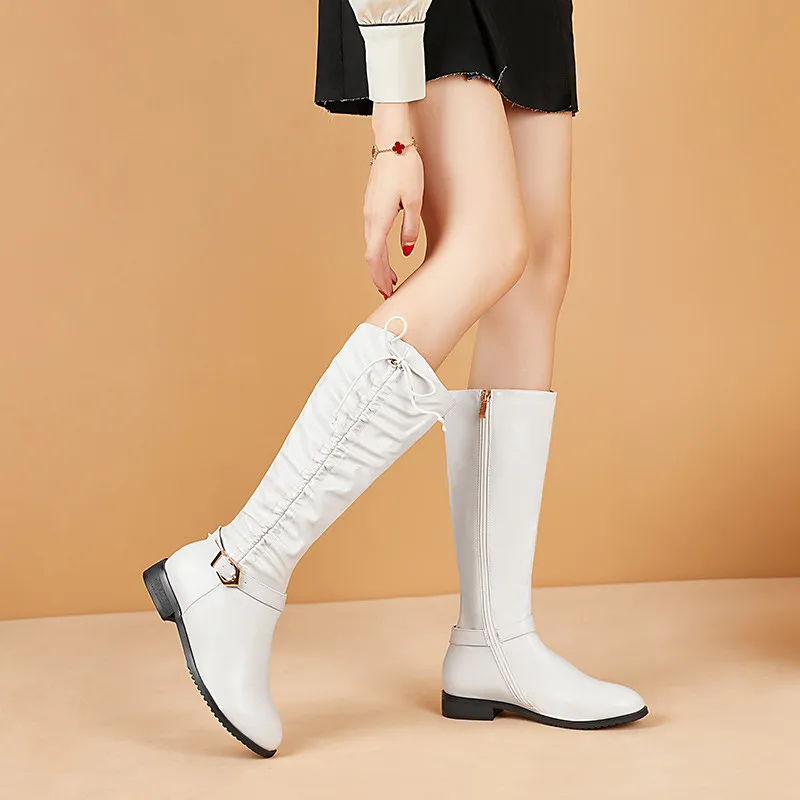 MORAZORA/; большие размеры 34-48; модные зимние ботинки до середины икры женские ботинки из мягкой кожи на низком каблуке с круглым носком Цвет черный, бежевый
