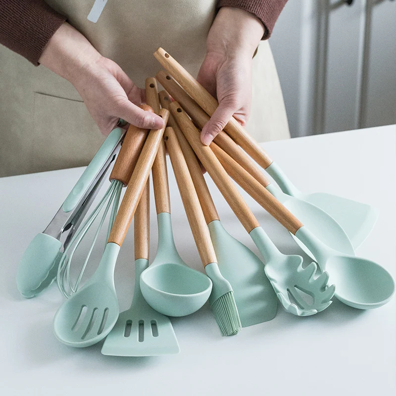 

Silicone Cooking Utensils Set Non-Stick Spatula Shovel Wooden Handle Tools With Storage Box Kitchen Tool Accessories