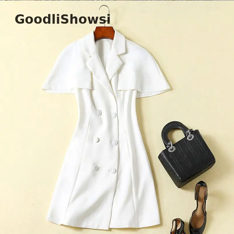 GoodliShowsi, весна, новинка, простой Женский блейзер, платье, сплошной цвет, зубчатый плащ с отворотами, рукав, белый, двубортный, платья