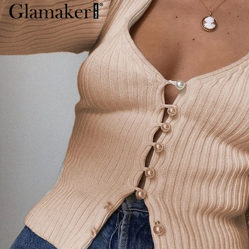 Glamaker, вязанная короткая блузка с v-образным вырезом, женская элегантная облегающая блуза на пуговицах с длинным рукавом, женские вечерние блузки на осень и зиму