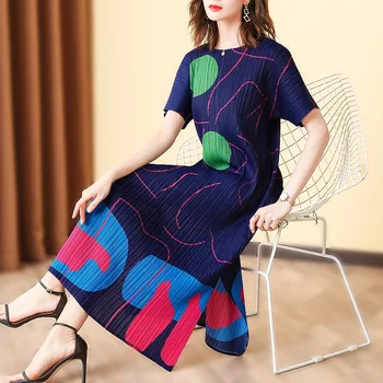 

Spring Summer Women Pleated Dress Loose Big Size Popular Tidal Print Dress