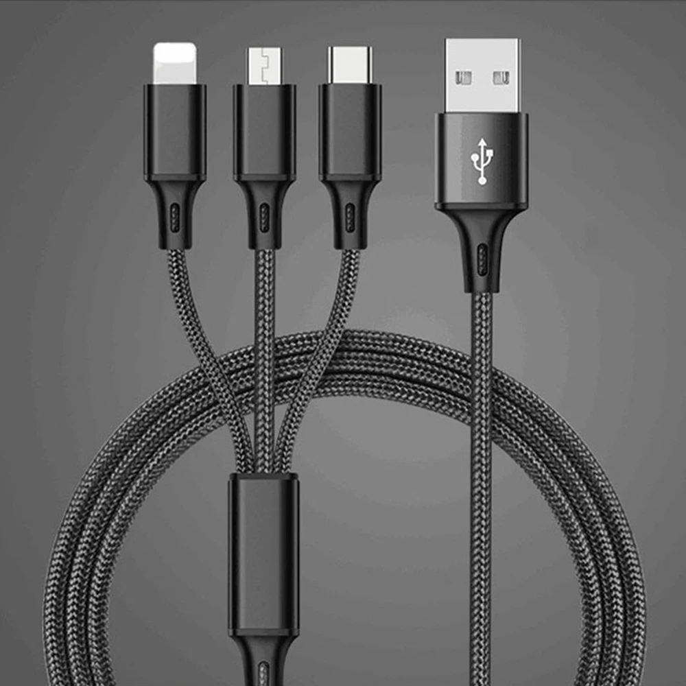 USB кабель 3 в 1 кабель для зарядки iOS Android type-c один для трех кабель для передачи данных алюминиевый сплав нейлоновый плетеный кабель 1 м - Цвет: Black