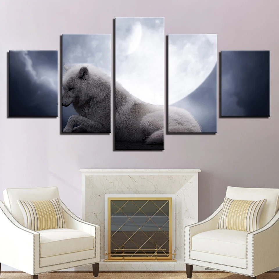 HD Canvas Art Painting For Living Room Wall Decor 5 Pieces Wolf Under Moon Picture | Дом и сад