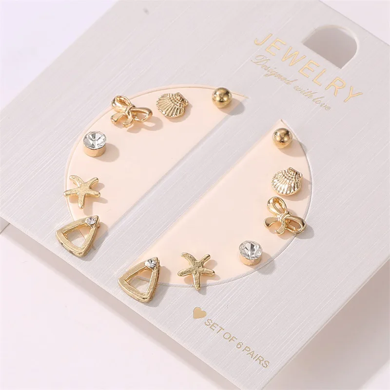 

2020 Trend Gold Colour 6 Pairs of Earring Geometric Flower Shell Combination Earrings for Women Fashion Set Jewellery Gift