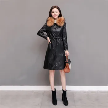 

2019 Winter Plus Cotton Leather Women Coat Thick Plus Size Length Jacket Female Boutique Fox Fur Collar Warm PU Outerwear YH551
