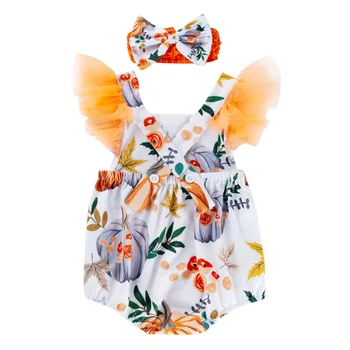 

Bodysuit Girl Baby Romper Kids Baby Girls Hallowoon Costume Fly Sleeve Romper + Bowknot Headband 2pcs Outfits Photography Props