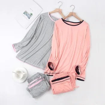 

New Pajama Women's Summer Modal Long-Sleeve Homewear Sets Sleepwear Female Round Collar Home Suits Comfortable Trousers