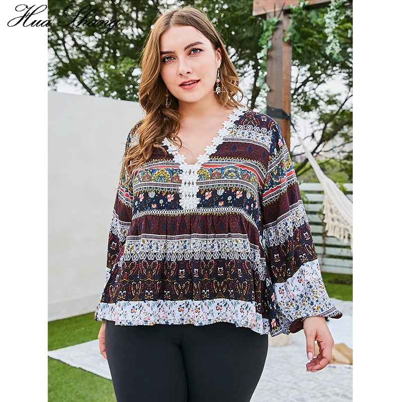  4XL Plus Size Blouse Shirt Women Summer Lace V Neck Lantern Long Sleeve Retro Print Multicolor Vint