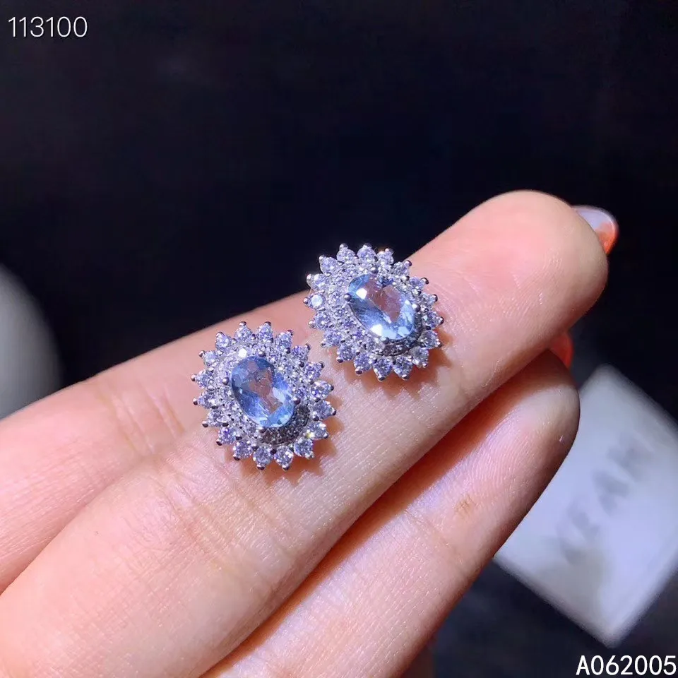 KJJEAXCMY-925 Sterling Silver Inlaid Natural Aquamarine Earrings for Women, Fine Jewelry, Trendy Ear Studs, Support Test, New