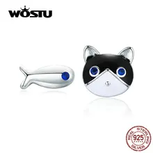 WOSTU, милые стильные серьги-гвоздики в виде кошки и рыбы, 925 пробы, серебряные маленькие серьги для женщин, для свадебной вечеринки, серебряные 925 ювелирные изделия CQE623