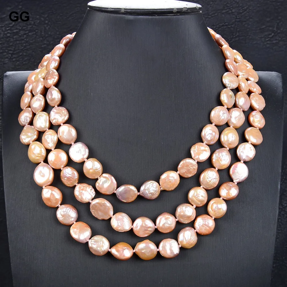 Guaiguai Jewelry 17 20 High Quality 3 Strands 12mm Natural Pink Coin 