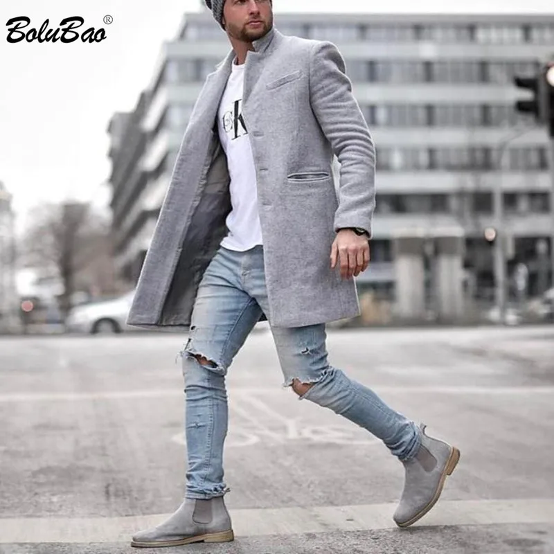 Мужское шерстяное пальто BOLUBAO однотонное повседневное длинное из смешанной