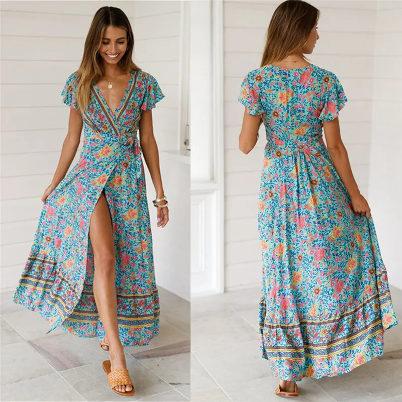 Сексуальное праздничное длинное платье женские Бохо платья леди Бохо цветочный v-образный вырез длинное платье Летнее пляжное платье