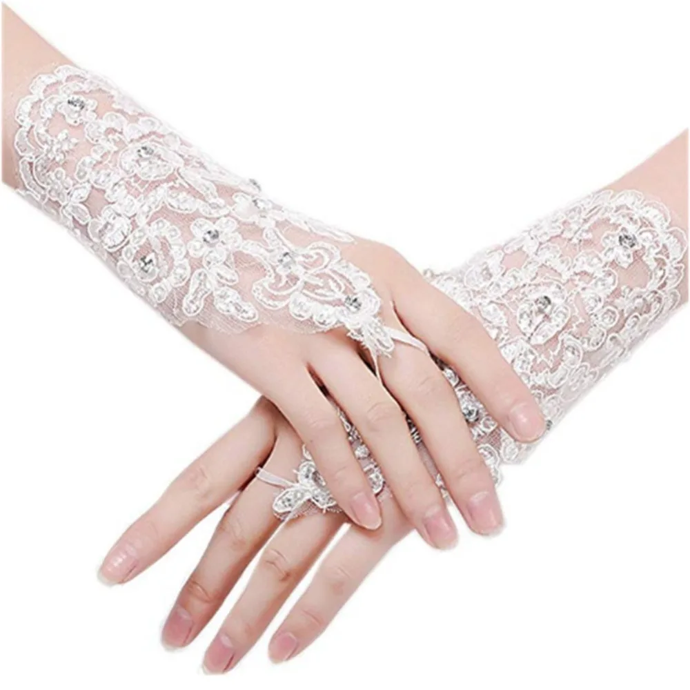 

White Ivory Red Short Wedding Gloves Wrist Length Fingerless Lace Appliques Sequins Bridal Gloves Wedding Accessories