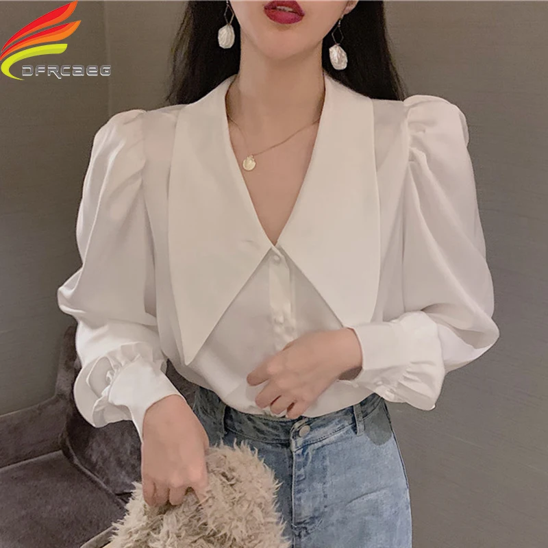 

Long Puff Sleeve Sweet Blouse Women 2019 Spring New Arrivals Gray White Turn-down Collar Satin Women Blouses And Shirts Hot Sale