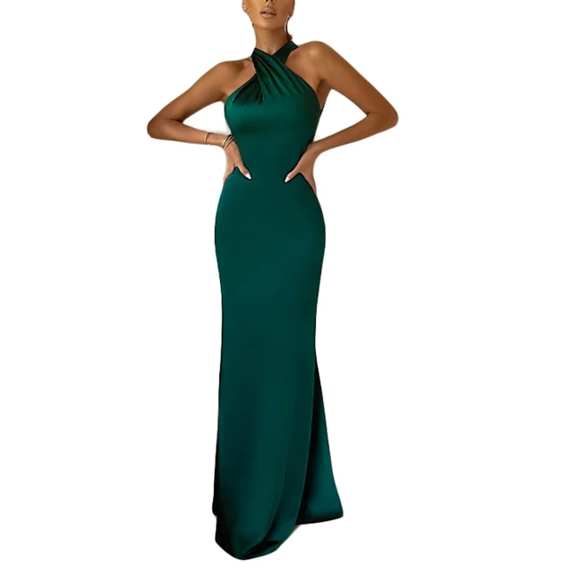 Halter Dresses Women Solid Color Long Dress Cross Halter Backless Ball Gown Cocktail Party Evening Dresses Cheap Product Recommendation