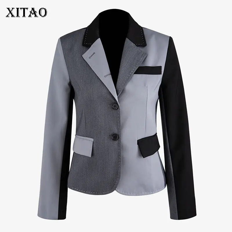 

XITAO Two Piece Set Slim Single Breast Pocket Patchwork Geometrical Pattern Top Women Elegant Pleated Full Length Pants GCC2055