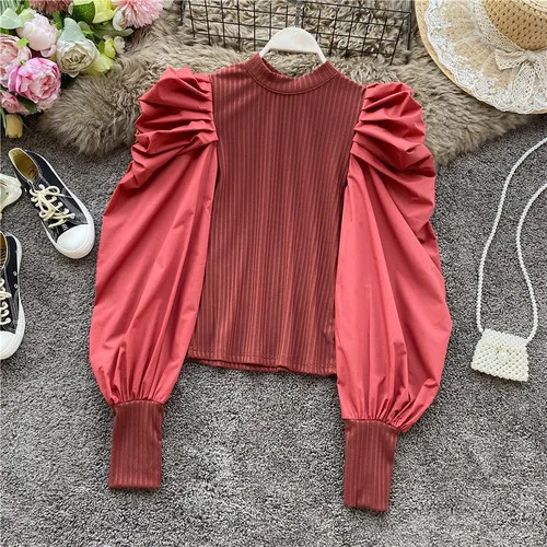 Neploe, винтажный Дворцовый стиль, пуловер, осень, шикарные женские топы, длинные складки, пышные рукава, круглый ворот, джемпер, корейский тонкий свитер 56064 - Цвет: red
