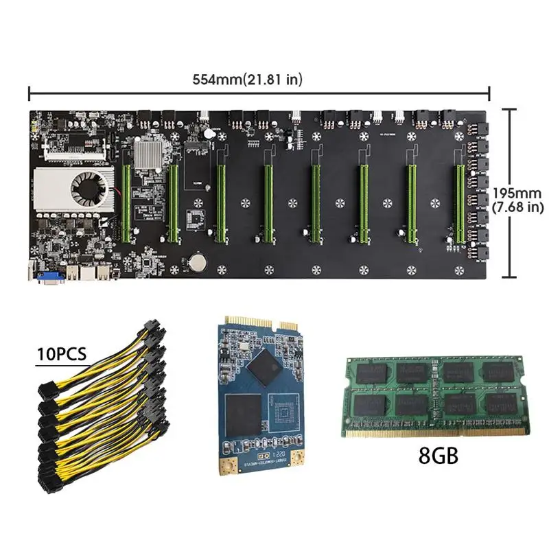 BTC-D37Riserless Mining Motherboard 8CPU Bitcoin Crypto Etherum Mining Set with 8GB DDR3 1600MHz RAM 128GB mSATA SSD Power Cable