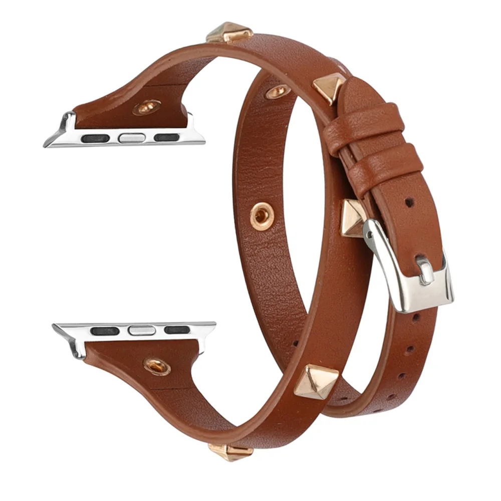 DBrown Двойной тур обертывания ремешок для наручных часов Apple Watch, усыпанные часы на заклепках полосы 38 мм 42 мм Для женщин для наручных часов iWatch серии 5/4/3/2/1 40 мм 44 мм - Цвет ремешка: DBrown