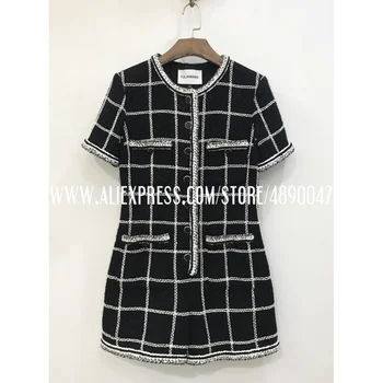 

Retro round neck tweed jumpsuit ladies black short sleeve button jumpsuit women's jumpsuit 2020 casual jumpsuit Lined with silk