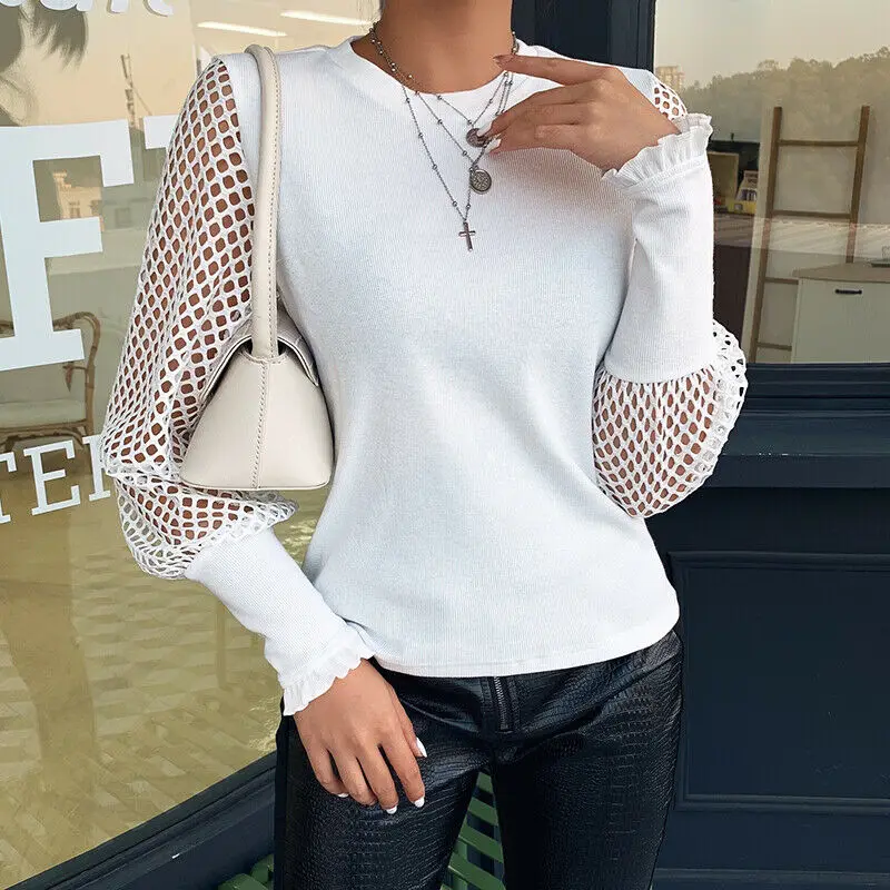 

US 2020 Solid Style Women Mesh Casual Blouse Hollow Out Tunika T-Shirt Tops Long Sheer Sleeve Pullover Round Neck Party Club
