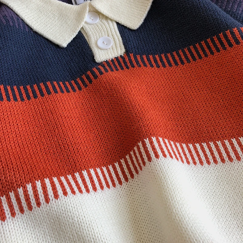Winter Striped Sweater Men Warm Fashion Contrast Color Casual Lapel Knit Sweater Man Loose Long-sleeved Pullover Men Sweter Winter Striped Sweater Men Warm Fashion Contrast Color Casual Lapel Knit Sweater Man Loose Long-sleeved Pullover Men Sweter