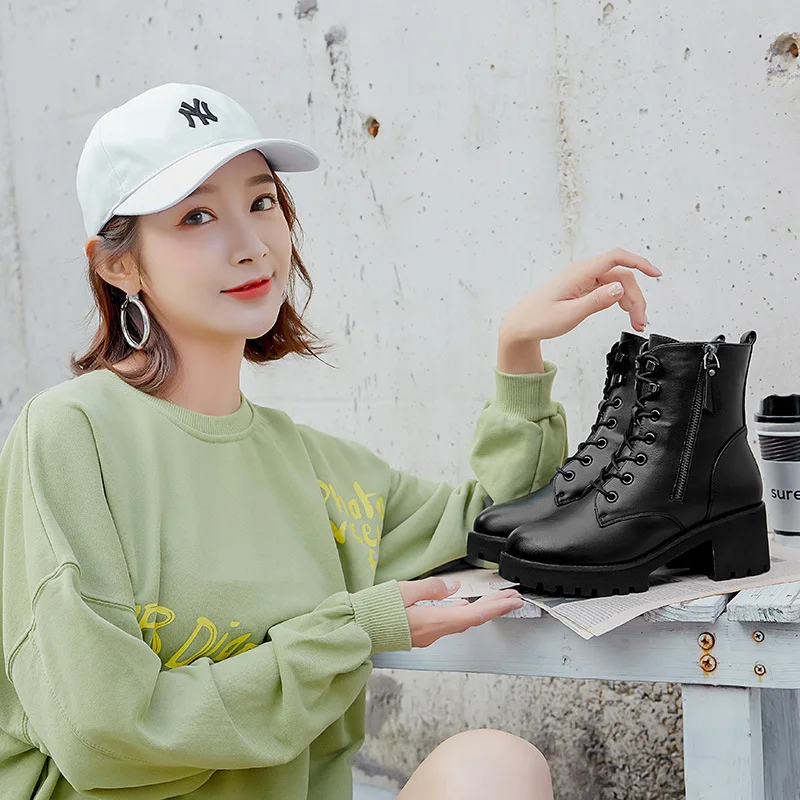 

Centennial WOMEN'S Shoes Split Cowhide round-Toe Chunky Heel Fashion Boots Side Zipper Solid Color plus Velvet Warm Boots 2087