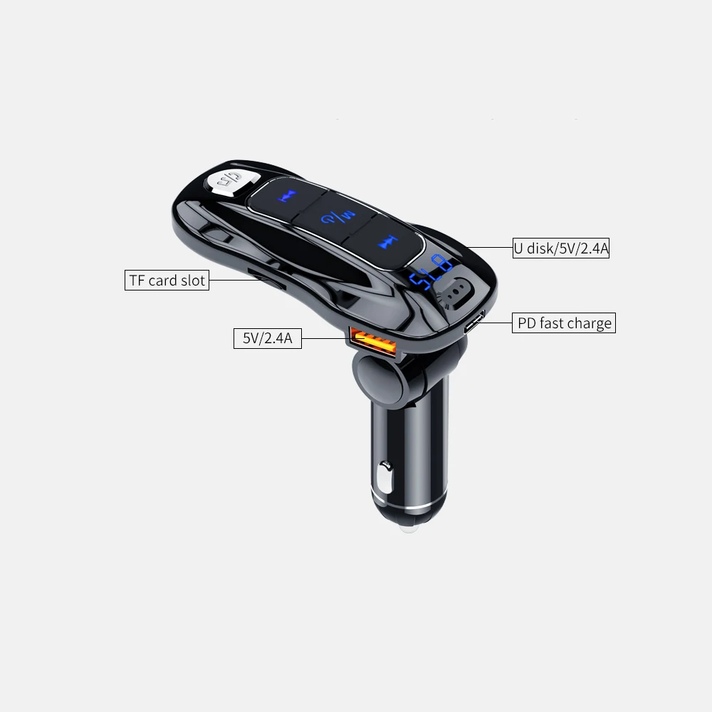 Автомобильный fm-передатчик PD QC 3,0 Bluetooth 5,0 быстрое зарядное устройство MP3-плеер Поддержка u-диска TF карта Обнаружение напряжения батареи