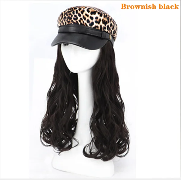 brownish black Прямая поставка, модный дизайн, женские леопардовые темно-синие Шапки, длинные волнистые волосы, парик, шапка, коричневый, черный, натуральные парики для женщин, девушек, Солнцезащитная шляпа - Цвет: brownish black