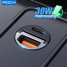 Rock 30w usb tipo c carregador de carro para iphone 13 pro max qc3.0 pd3.0 mini metal duplo usb adaptador de carregamento rápido para xiaomi samsung