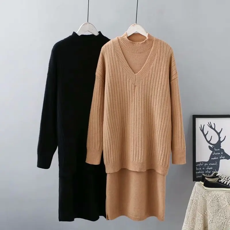 

Plus Size Casual two-piece set 2019 Autumn Winter Women Fashion Loose cashmere Sweaters + Knitting Vest Dress K1-H0496