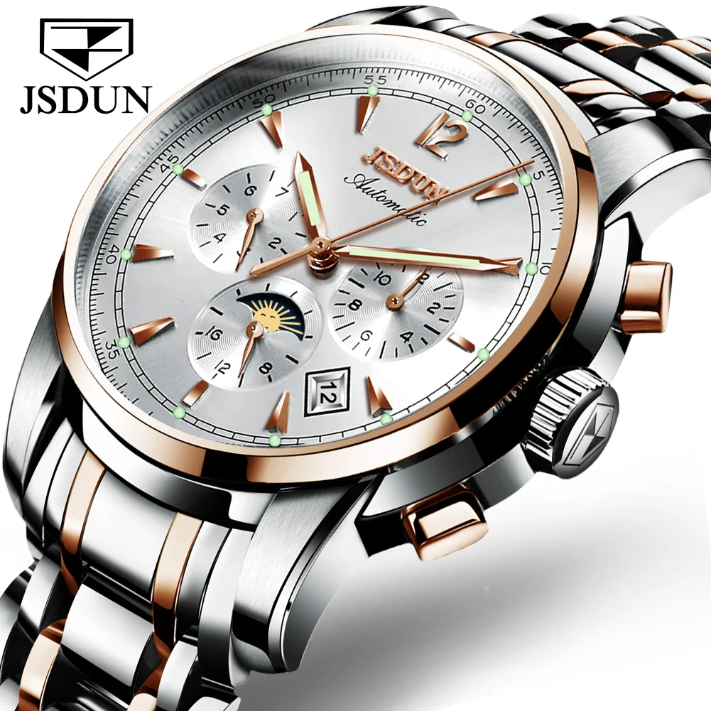 Two tone white Лидирующий бренд Relogios автоматические механические часы Moon Phase водонепроницаемые светящиеся часы с датой недели мужские деловые наручные часы Masculinos - Цвет: Two tone white