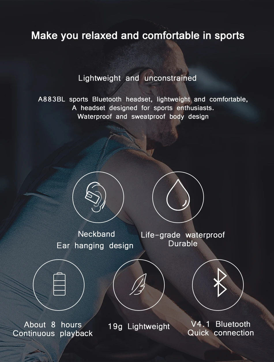 A883BL Спортивные Bluetooth наушники с микрофоном бас стерео водонепроницаемые беспроводные наушники с шумоподавлением Bluetooth гарнитура